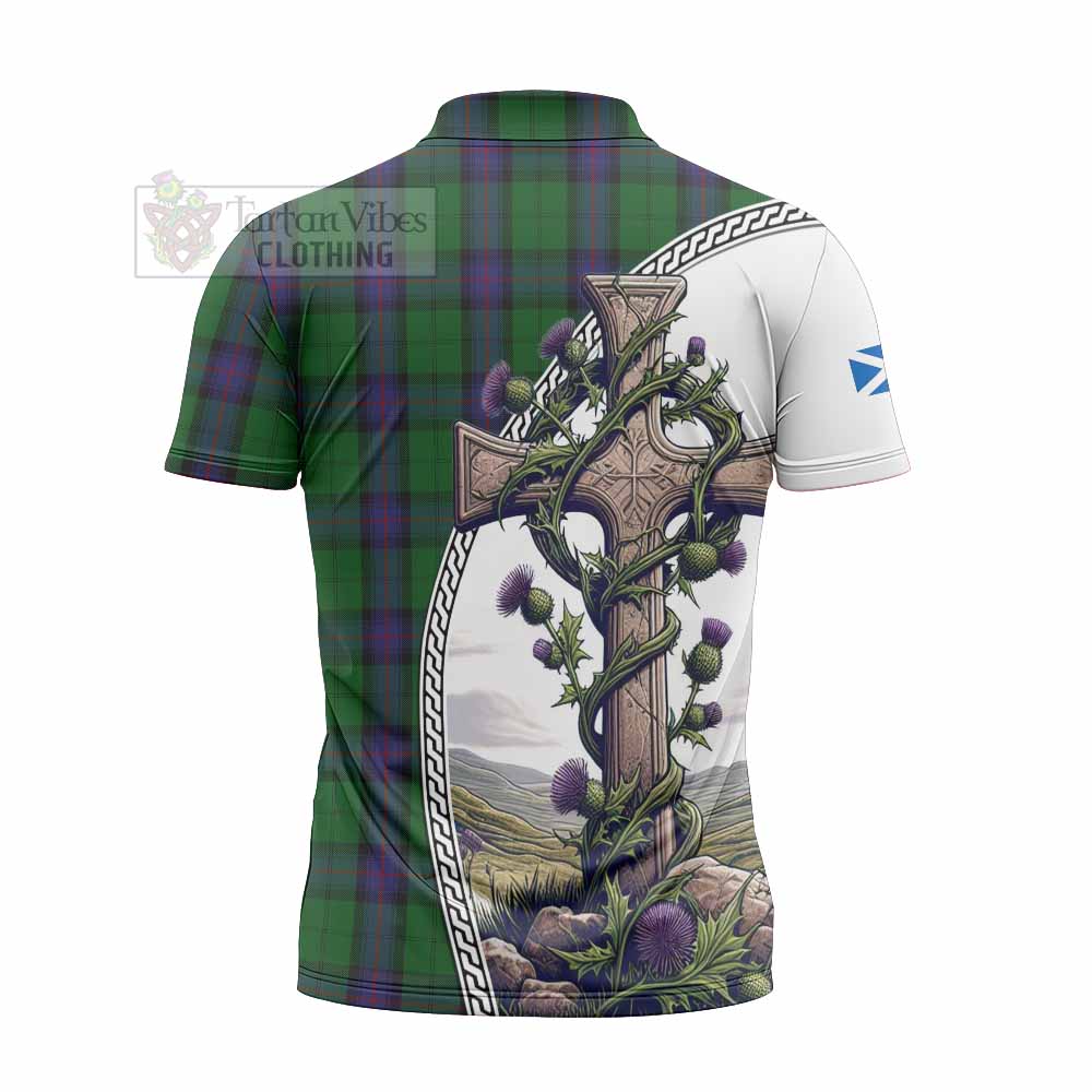 Tartan Vibes Clothing Armstrong Tartan Zipper Polo Shirt with Family Crest and St. Andrew's Cross Accented by Thistle Vines