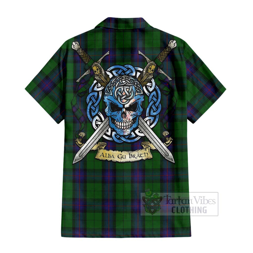 Tartan Vibes Clothing Armstrong Tartan Short Sleeve Button Shirt with Family Crest Celtic Skull Style