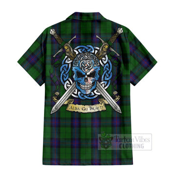 Armstrong Tartan Short Sleeve Button Shirt with Family Crest Celtic Skull Style