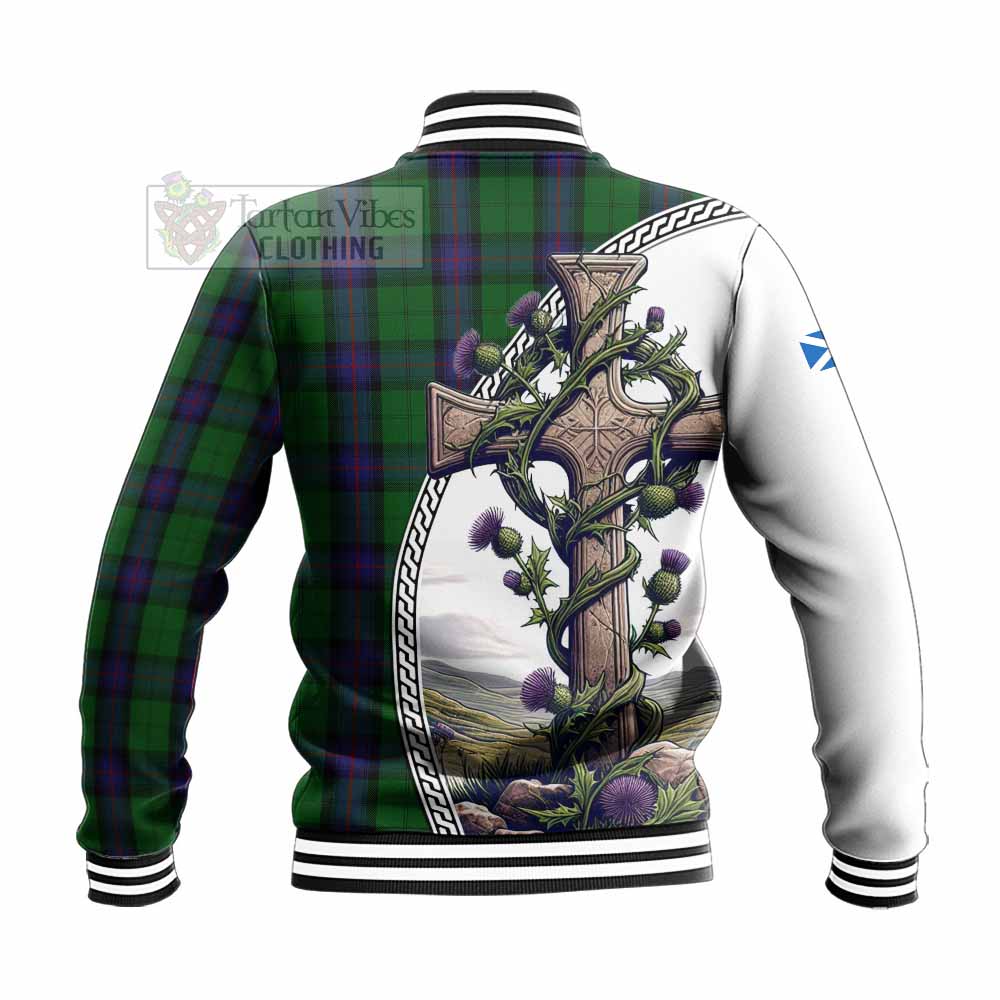 Tartan Vibes Clothing Armstrong Tartan Baseball Jacket with Family Crest and St. Andrew's Cross Accented by Thistle Vines