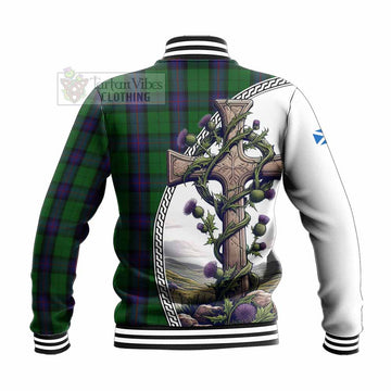 Armstrong Tartan Baseball Jacket with Family Crest and St. Andrew's Cross Accented by Thistle Vines