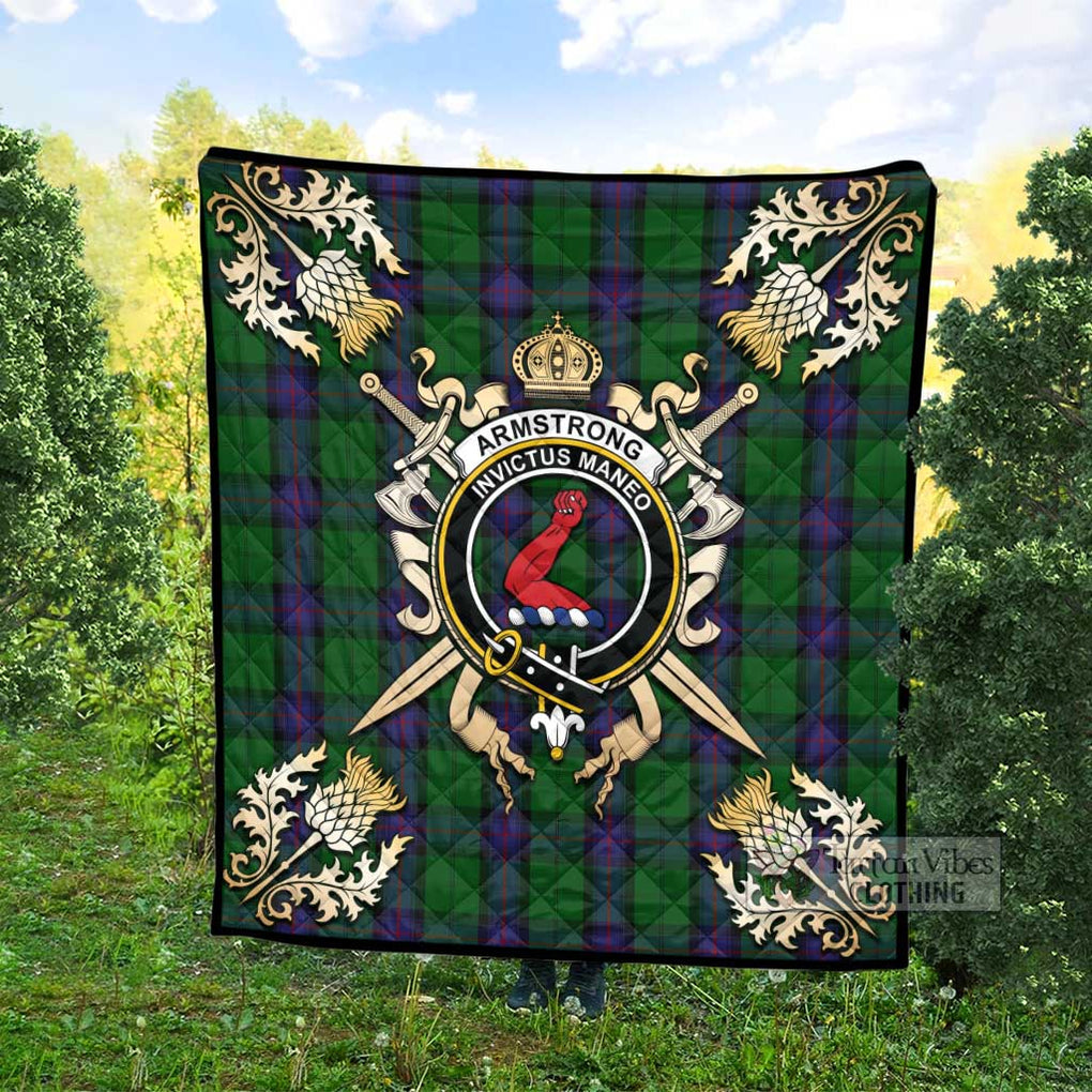 Tartan Vibes Clothing Armstrong Tartan Quilt with Family Crest and Scottish Golden Courage Shield