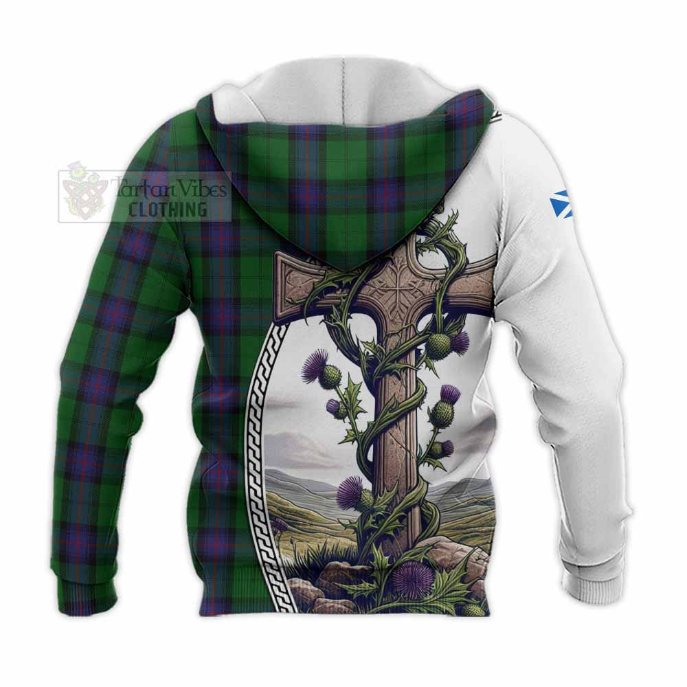 Tartan Vibes Clothing Armstrong Tartan Knitted Hoodie with Family Crest and St. Andrew's Cross Accented by Thistle Vines