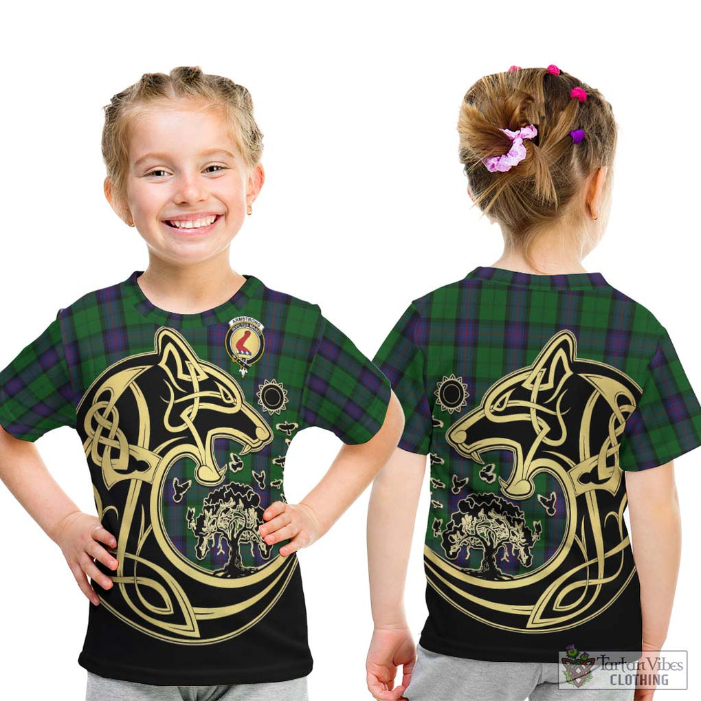Armstrong Tartan Kid T-Shirt with Family Crest Celtic Wolf Style - Tartan Vibes Clothing