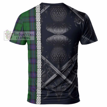 Armstrong Tartan T-Shirt with Family Crest Cross Sword Thistle Celtic Vibes