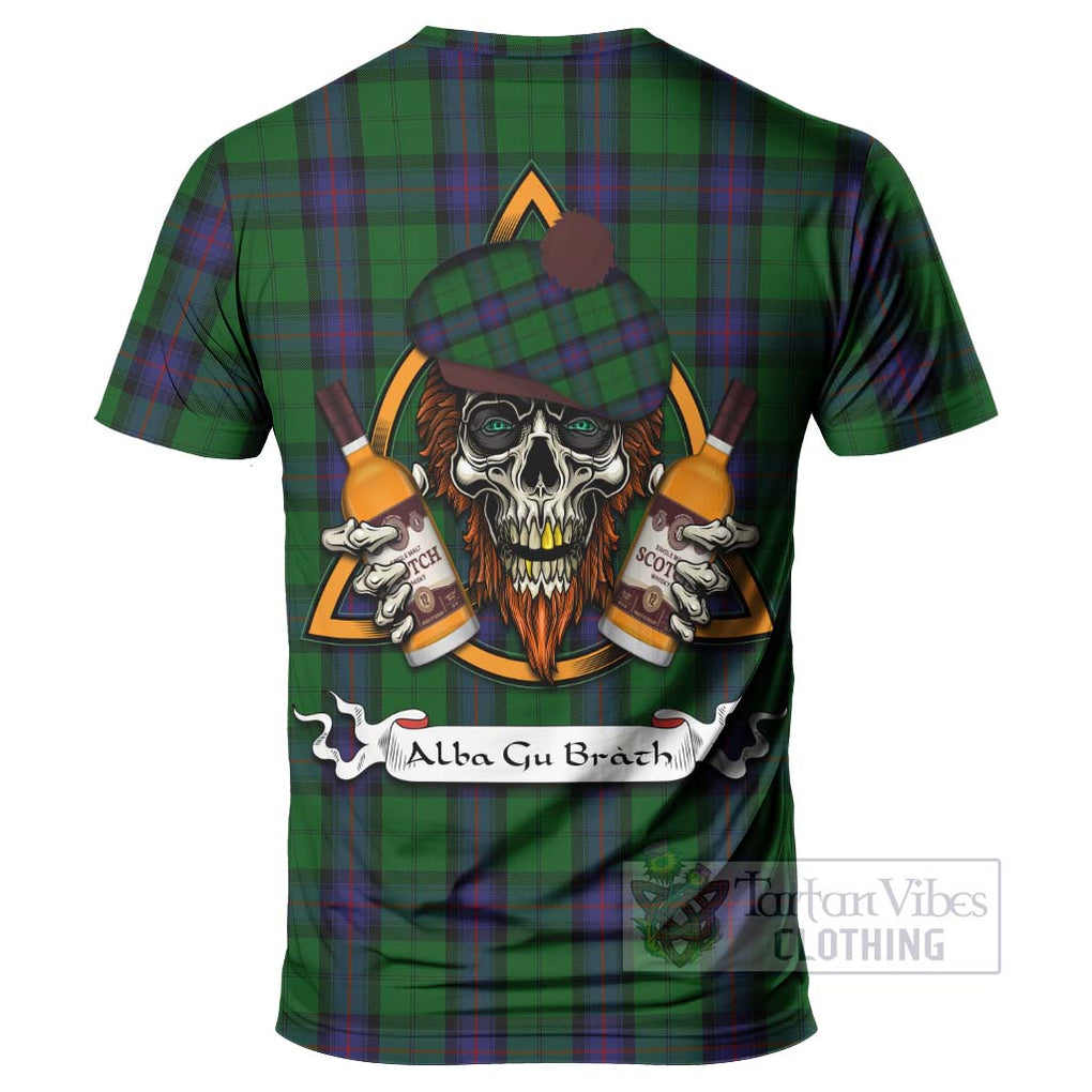 Tartan Vibes Clothing Armstrong Tartan T-Shirt with Family Crest and Bearded Skull Holding Bottles of Whiskey