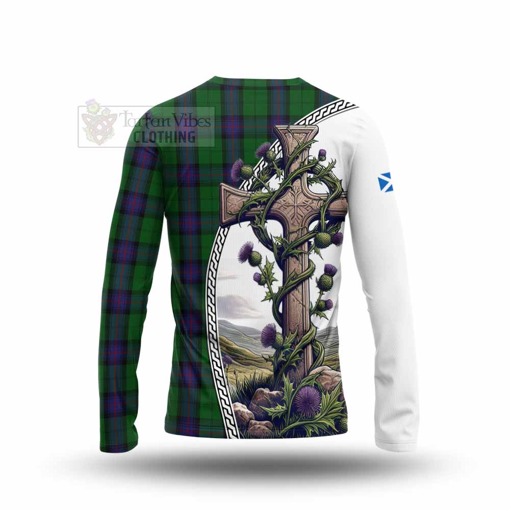 Tartan Vibes Clothing Armstrong Tartan Long Sleeve T-Shirt with Family Crest and St. Andrew's Cross Accented by Thistle Vines