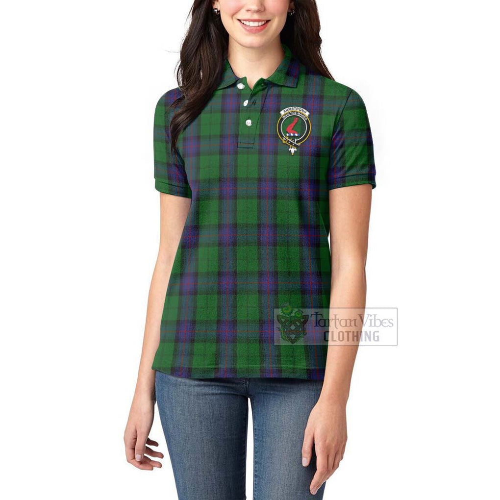 Tartan Vibes Clothing Armstrong Tartan Women's Polo Shirt with Family Crest and Bearded Skull Holding Bottles of Whiskey