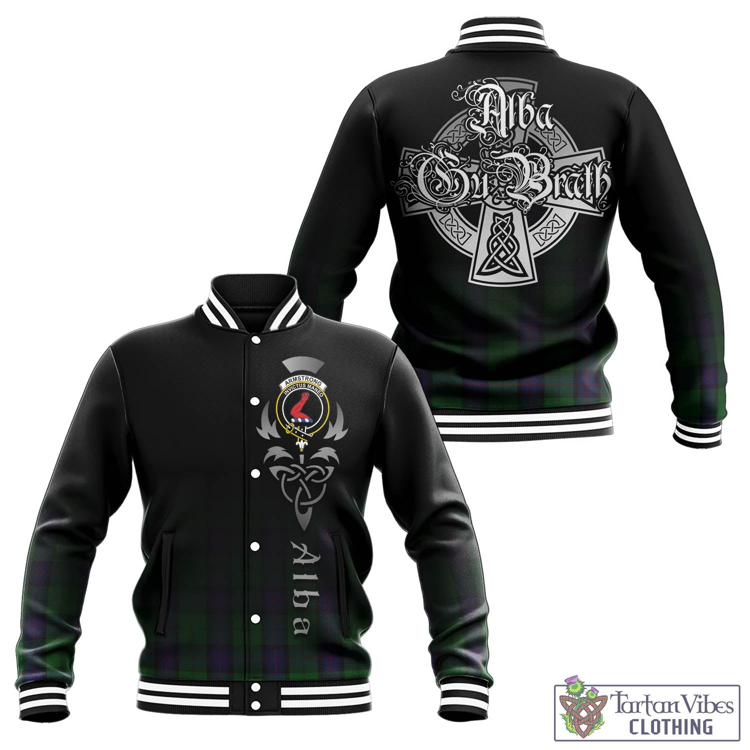 Tartan Vibes Clothing Armstrong Tartan Baseball Jacket Featuring Alba Gu Brath Family Crest Celtic Inspired