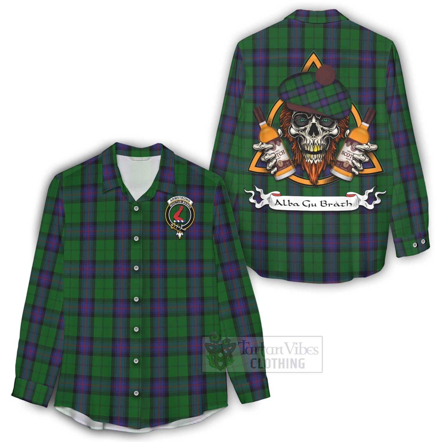 Tartan Vibes Clothing Armstrong Tartan Women's Casual Shirt with Family Crest and Bearded Skull Holding Bottles of Whiskey