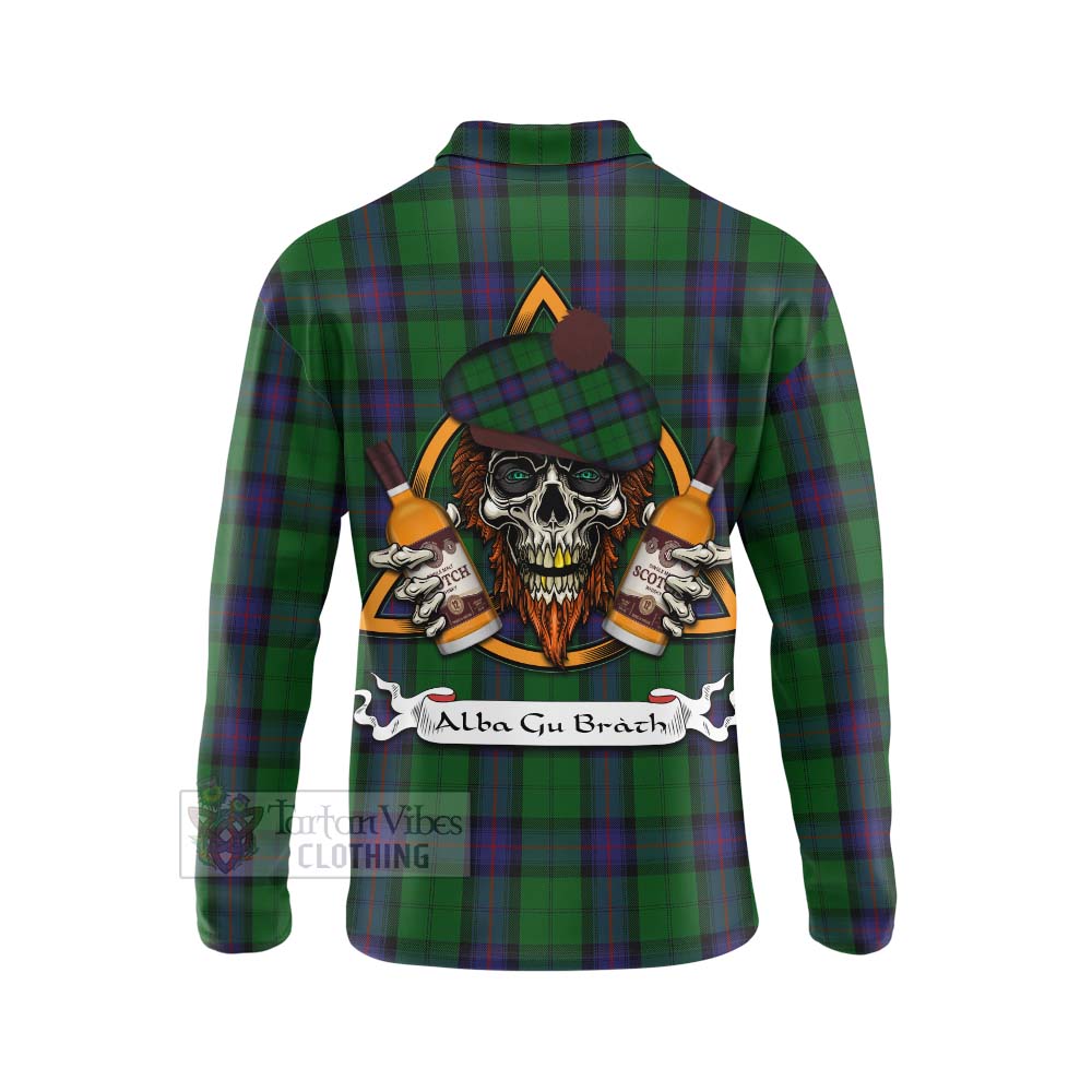 Tartan Vibes Clothing Armstrong Tartan Long Sleeve Polo Shirt with Family Crest and Bearded Skull Holding Bottles of Whiskey