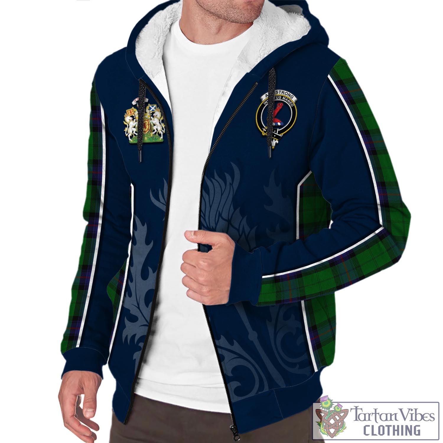 Tartan Vibes Clothing Armstrong Tartan Sherpa Hoodie with Family Crest and Scottish Thistle Vibes Sport Style