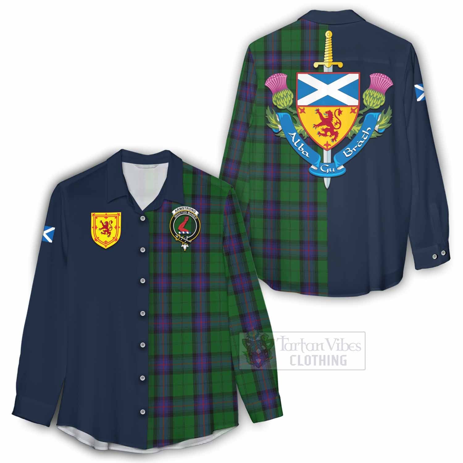 Tartan Vibes Clothing Armstrong Tartan Women's Casual Shirt Alba with Scottish Lion Royal Arm Half Style