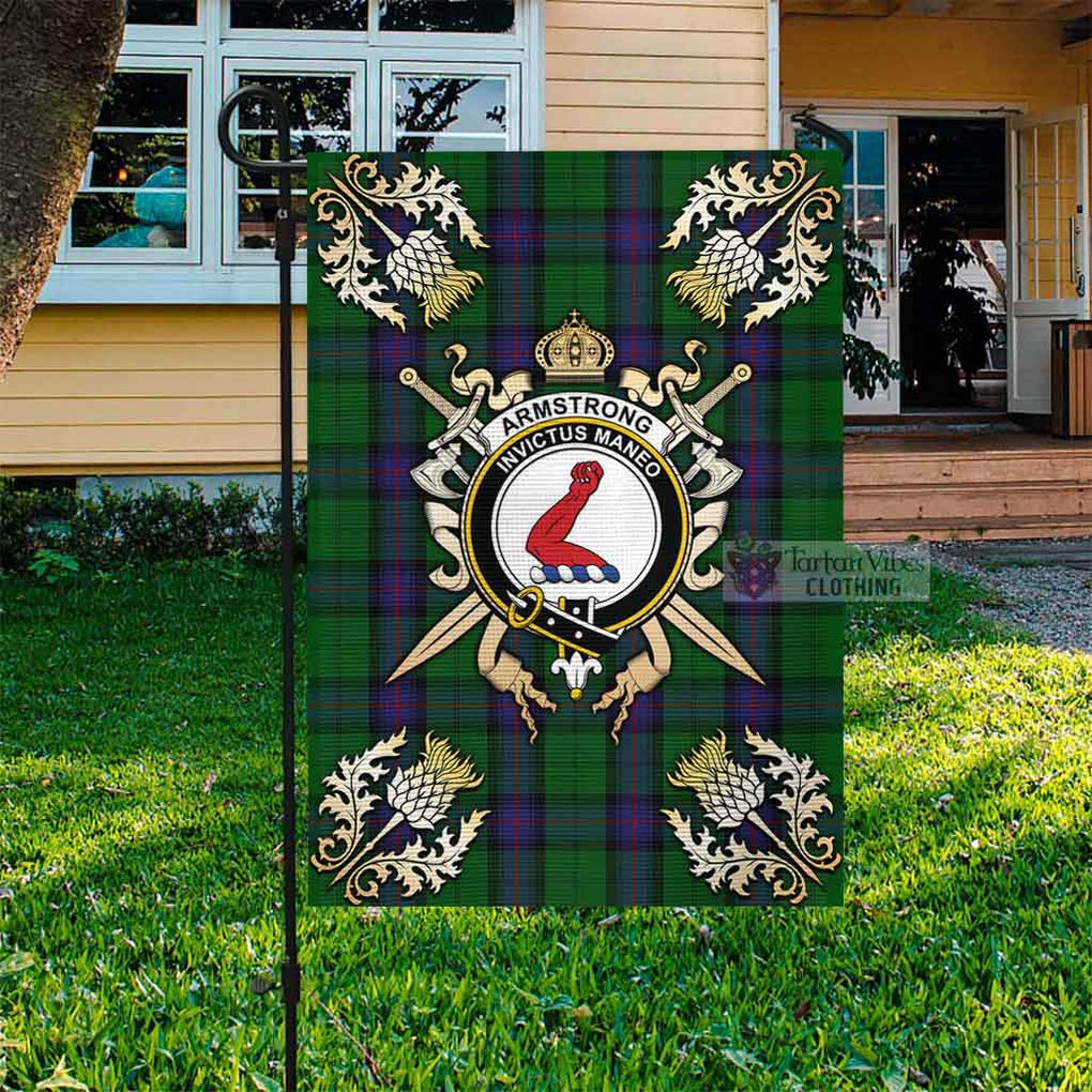 Tartan Vibes Clothing Armstrong Tartan Flag with Family Crest and Golden Thistle Crossed Sword Design