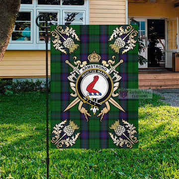 Armstrong Tartan Flag with Family Crest and Golden Thistle Crossed Sword Design