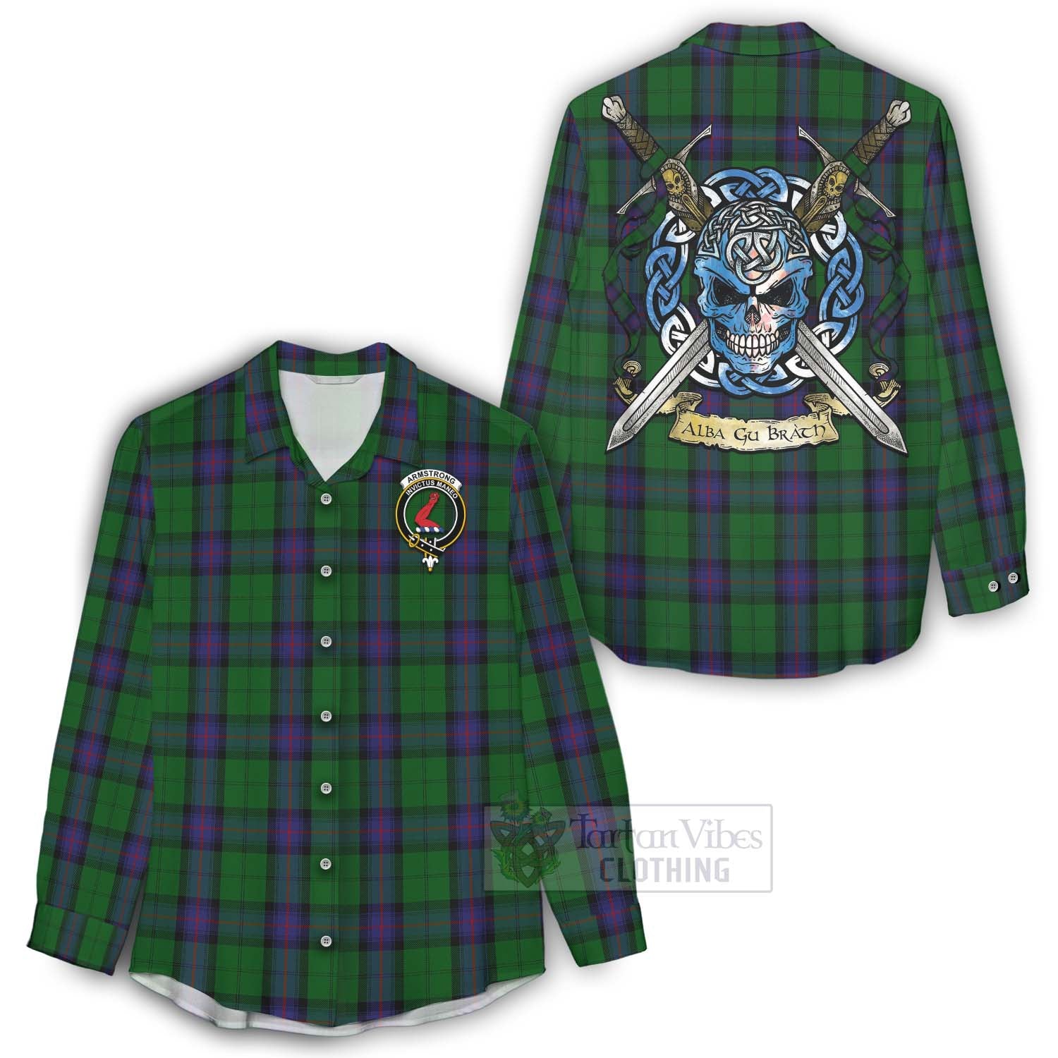 Tartan Vibes Clothing Armstrong Tartan Women's Casual Shirt with Family Crest Celtic Skull Style