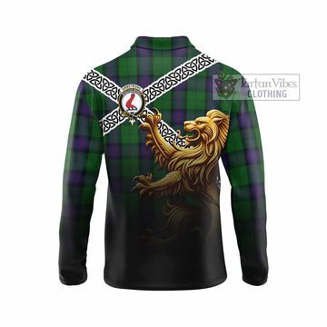 Armstrong Crest Tartan Long Sleeve Polo Shirt with Golden Lion Emblem Celtic Style - Tartan Vibes Clothing
