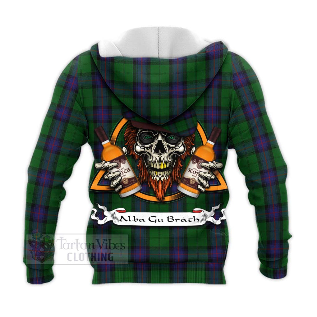 Tartan Vibes Clothing Armstrong Tartan Knitted Hoodie with Family Crest and Bearded Skull Holding Bottles of Whiskey