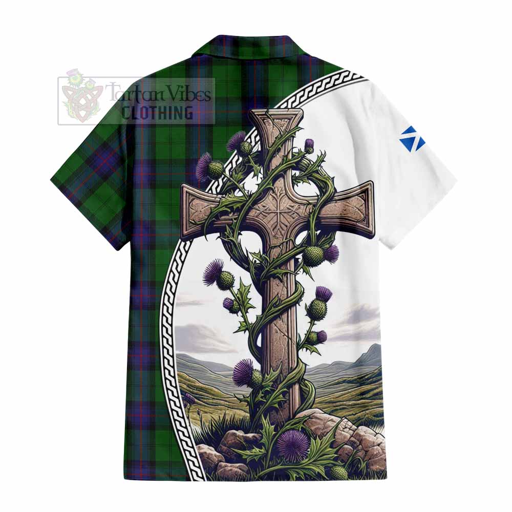 Tartan Vibes Clothing Armstrong Tartan Short Sleeve Button Shirt with Family Crest and St. Andrew's Cross Accented by Thistle Vines