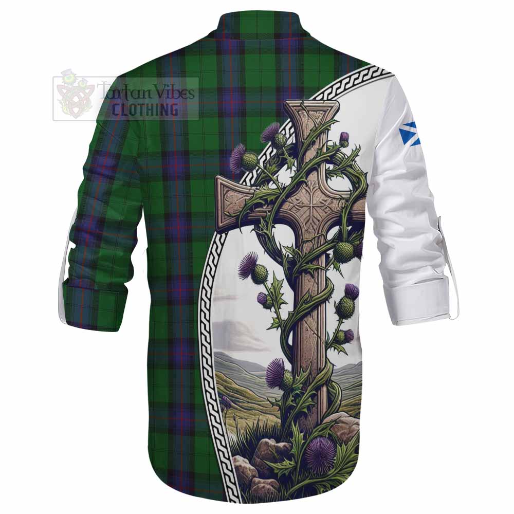 Tartan Vibes Clothing Armstrong Tartan Ghillie Kilt Shirt with Family Crest and St. Andrew's Cross Accented by Thistle Vines