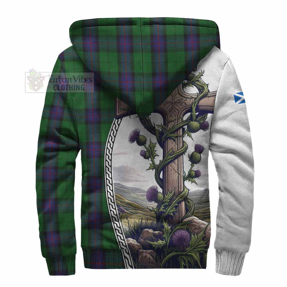 Tartan Vibes Clothing Armstrong Tartan Sherpa Hoodie with Family Crest and St. Andrew's Cross Accented by Thistle Vines