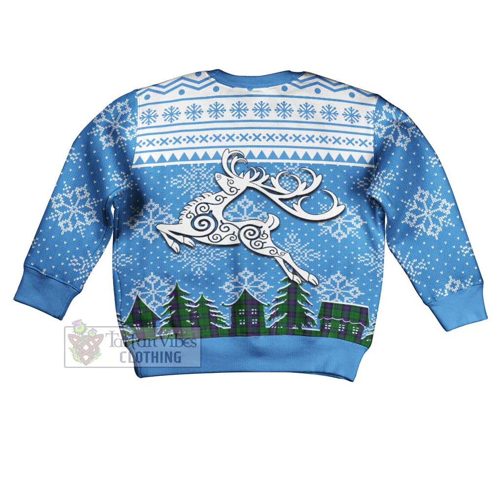 Tartan Vibes Clothing Armstrong Clan Christmas Kid Ugly Sweater with Tartan and Celtic Raindeer Style