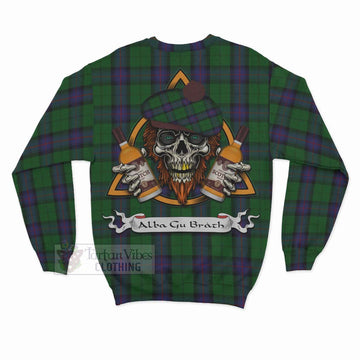 Armstrong Tartan Sweatshirt with Family Crest and Bearded Skull Holding Bottles of Whiskey