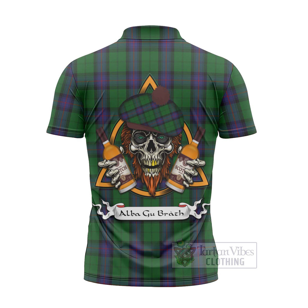 Tartan Vibes Clothing Armstrong Tartan Zipper Polo Shirt with Family Crest and Bearded Skull Holding Bottles of Whiskey