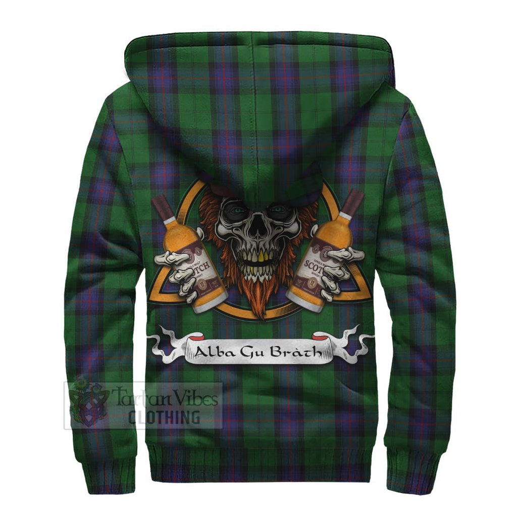 Tartan Vibes Clothing Armstrong Tartan Sherpa Hoodie with Family Crest and Bearded Skull Holding Bottles of Whiskey