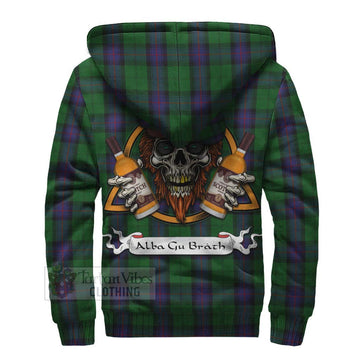 Armstrong Tartan Sherpa Hoodie with Family Crest and Bearded Skull Holding Bottles of Whiskey