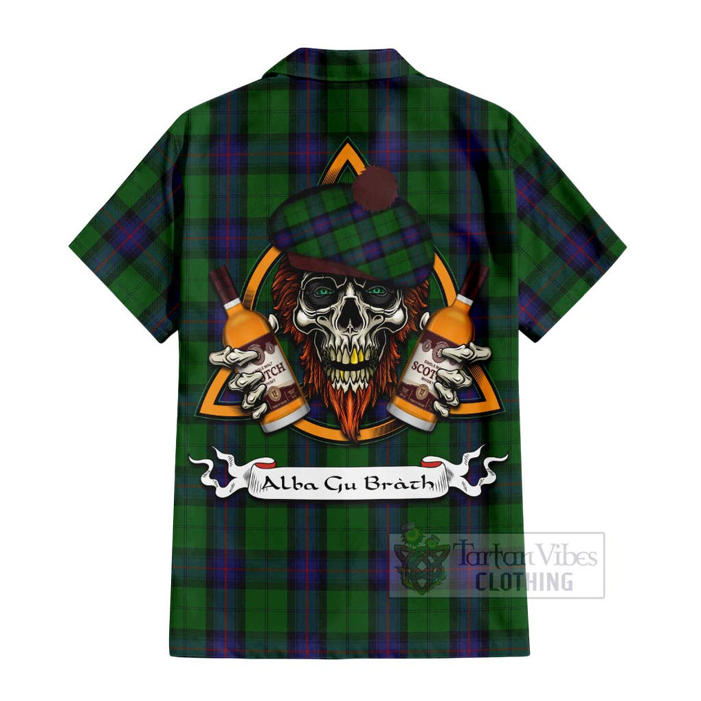 Tartan Vibes Clothing Armstrong Tartan Short Sleeve Button Shirt with Family Crest and Bearded Skull Holding Bottles of Whiskey