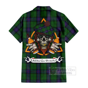 Armstrong Tartan Short Sleeve Button Shirt with Family Crest and Bearded Skull Holding Bottles of Whiskey