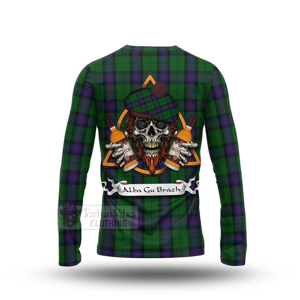 Tartan Vibes Clothing Armstrong Tartan Long Sleeve T-Shirt with Family Crest and Bearded Skull Holding Bottles of Whiskey