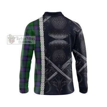 Armstrong Tartan Long Sleeve Polo Shirt with Family Crest Cross Sword Thistle Celtic Vibes