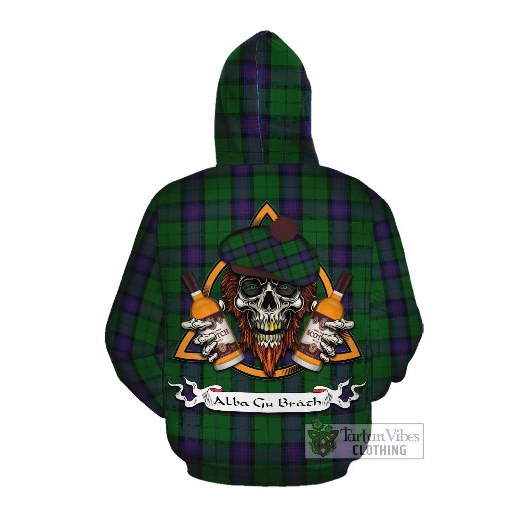 Tartan Vibes Clothing Armstrong Tartan Cotton Hoodie with Family Crest and Bearded Skull Holding Bottles of Whiskey