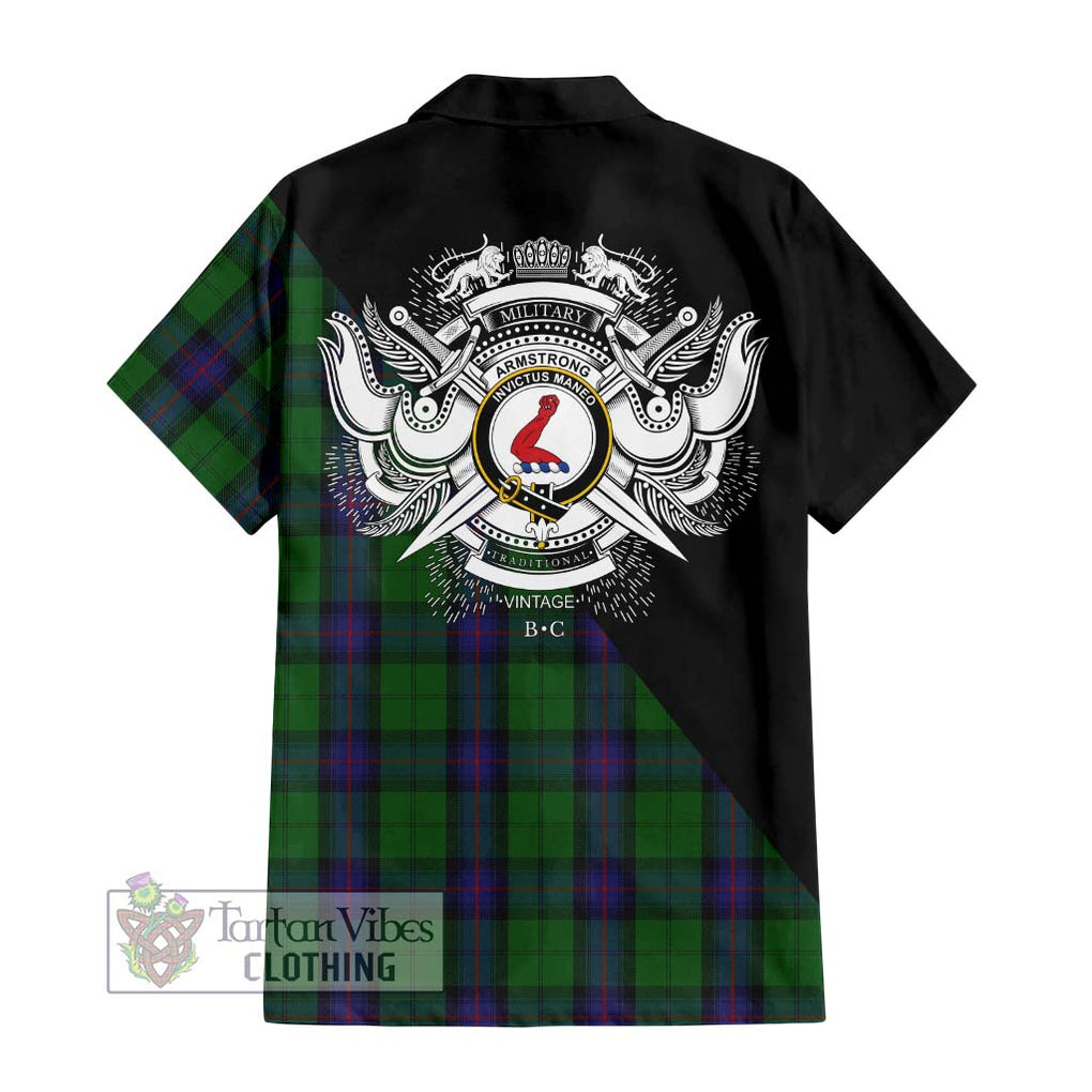 Armstrong Tartan Short Sleeve Button Shirt with Family Crest and Military Logo Style - Tartanvibesclothing Shop