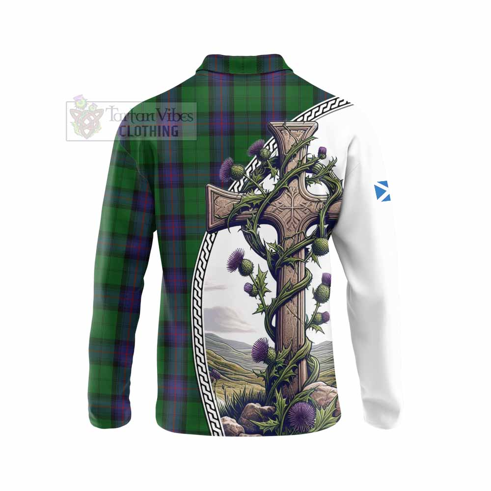 Tartan Vibes Clothing Armstrong Tartan Long Sleeve Polo Shirt with Family Crest and St. Andrew's Cross Accented by Thistle Vines