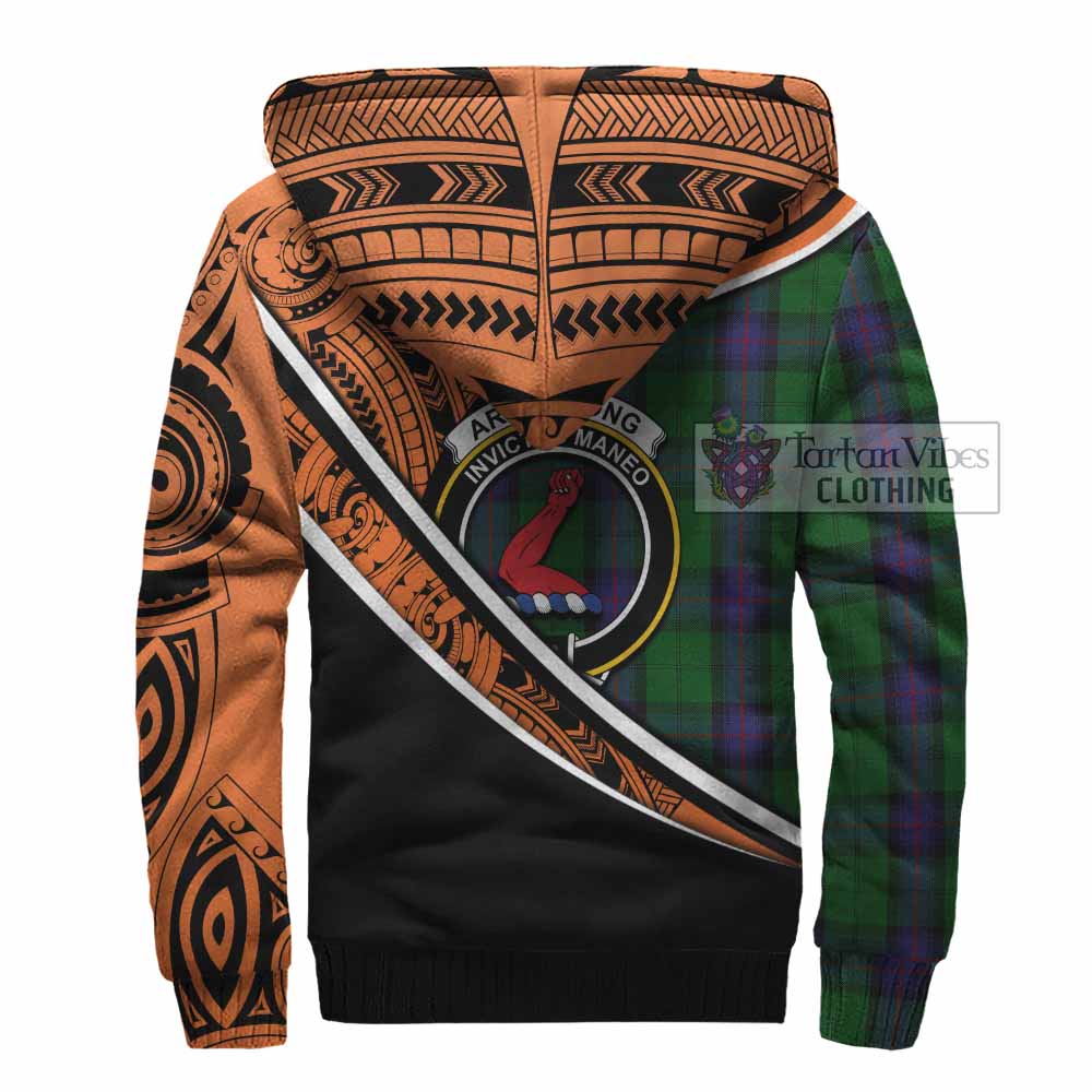 Tartan Vibes Clothing Armstrong Crest Tartan Sherpa Hoodie with Maori Tattoo Style - Orange Version