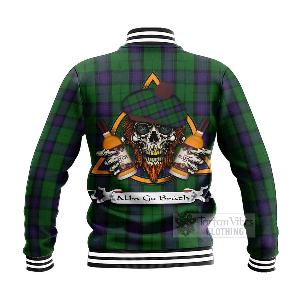 Tartan Vibes Clothing Armstrong Tartan Baseball Jacket with Family Crest and Bearded Skull Holding Bottles of Whiskey