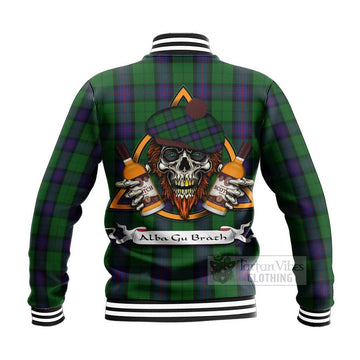 Armstrong Tartan Baseball Jacket with Family Crest and Bearded Skull Holding Bottles of Whiskey