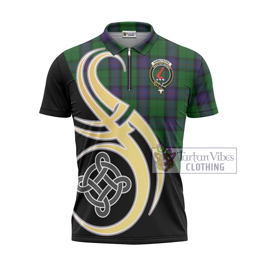 Tartan Vibes Clothing Armstrong Tartan Zipper Polo Shirt with Family Crest and Celtic Symbol Style