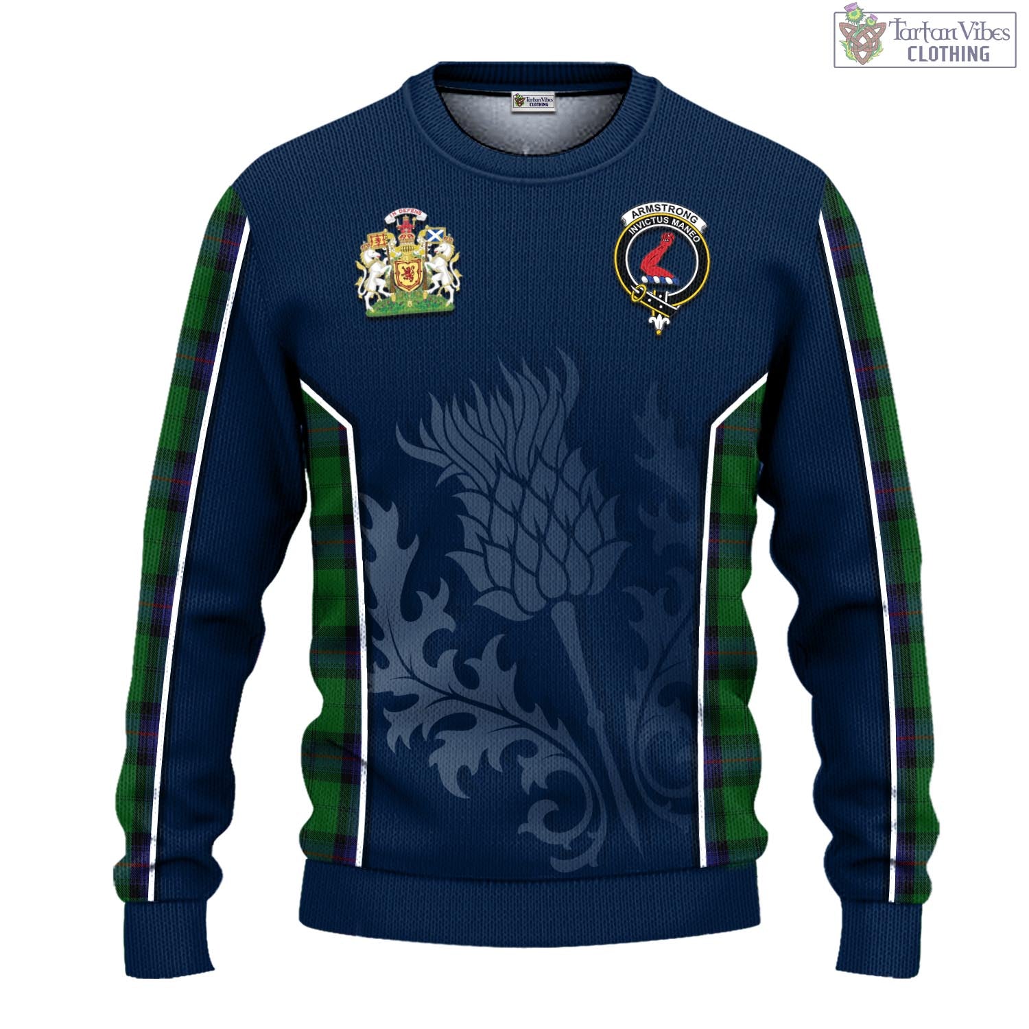 Armstrong Tartan Knitted Sweatshirt with Family Crest and Scottish Thistle Vibes Sport Style - Tartan Vibes Clothing