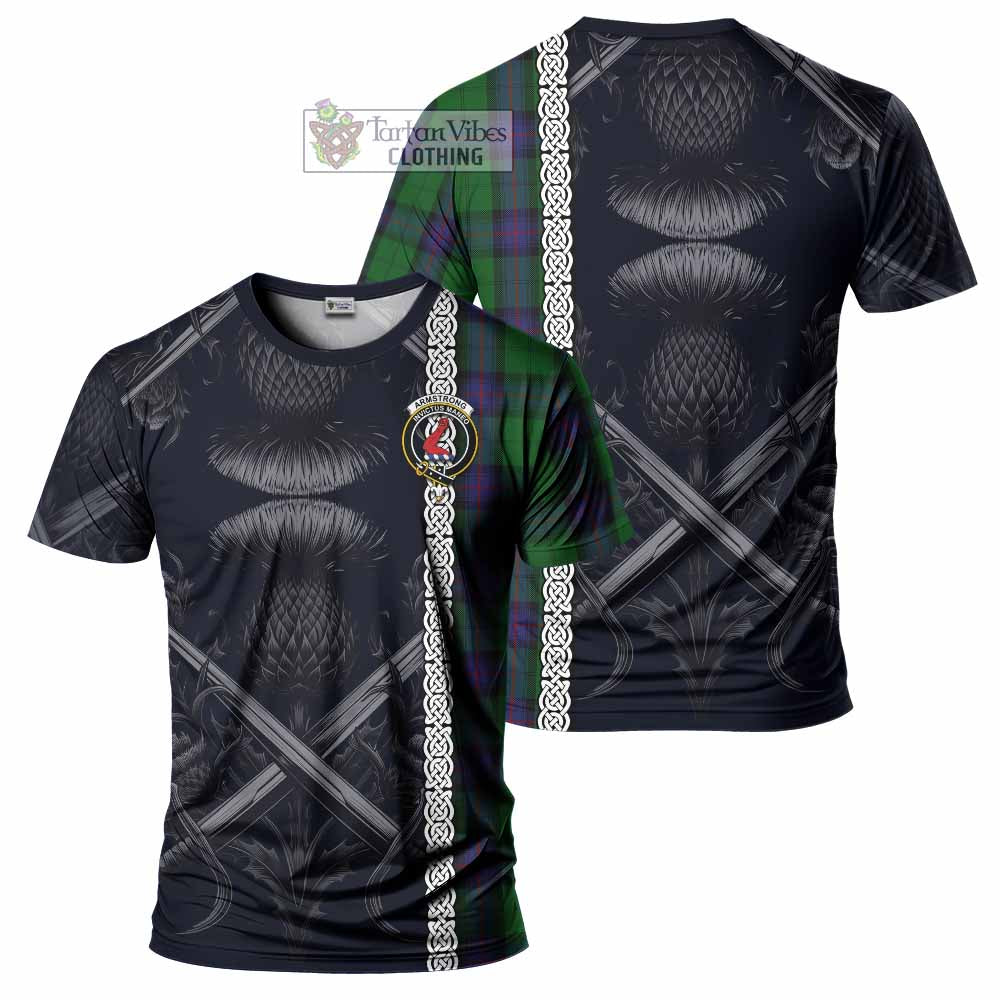 Tartan Vibes Clothing Armstrong Tartan T-Shirt with Family Crest Cross Sword Thistle Celtic Vibes