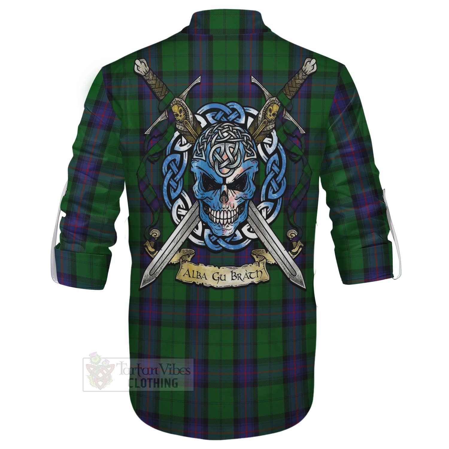 Tartan Vibes Clothing Armstrong Tartan Ghillie Kilt Shirt with Family Crest Celtic Skull Style