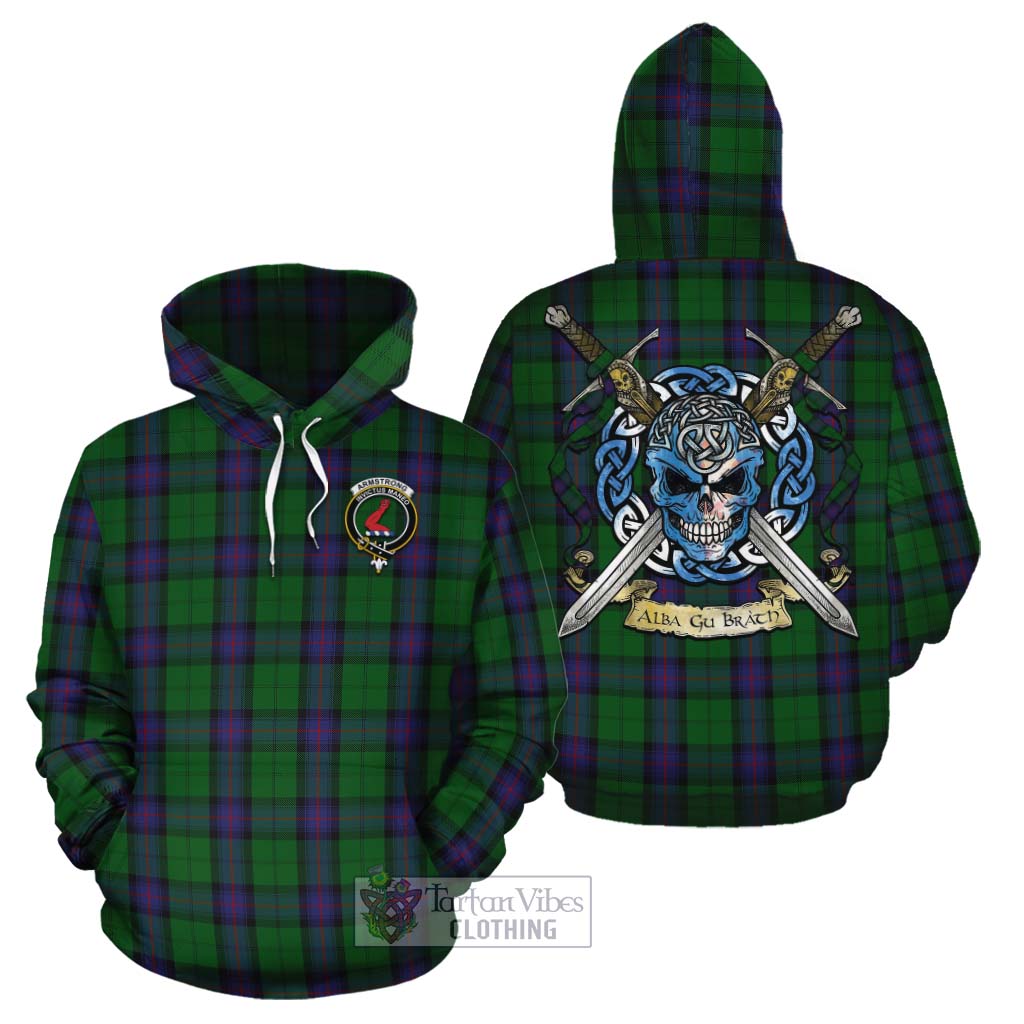 Tartan Vibes Clothing Armstrong Tartan Cotton Hoodie with Family Crest Celtic Skull Style