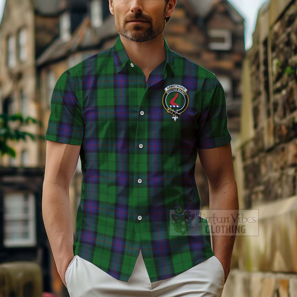 Tartan Vibes Clothing Armstrong Tartan Short Sleeve Button Shirt with Family Crest Celtic Skull Style