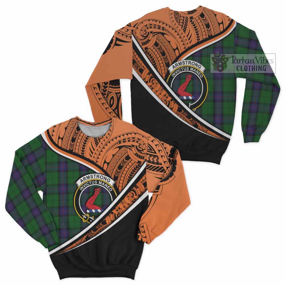 Tartan Vibes Clothing Armstrong Crest Tartan Sweatshirt with Maori Tattoo Style - Orange Version