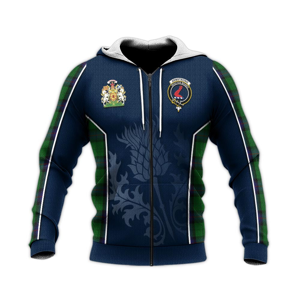 Tartan Vibes Clothing Armstrong Tartan Knitted Hoodie with Family Crest and Scottish Thistle Vibes Sport Style