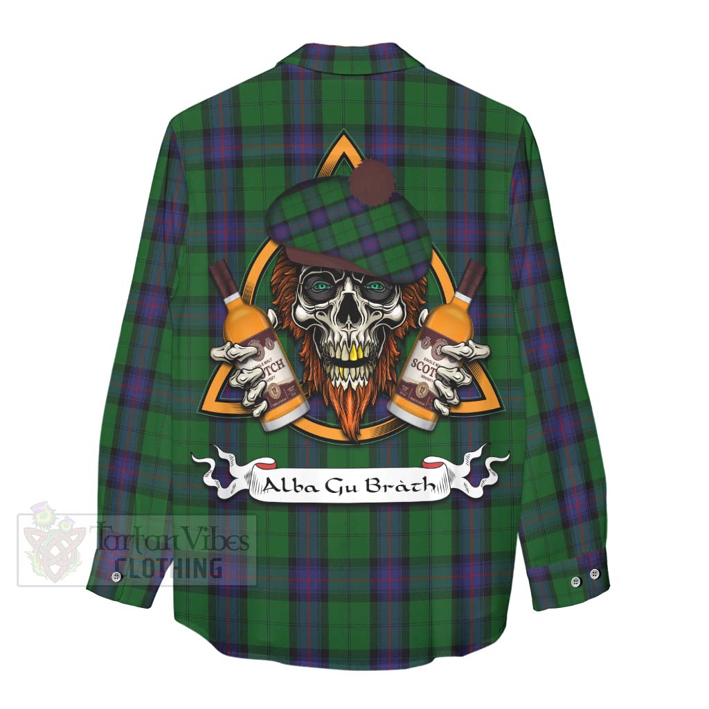 Tartan Vibes Clothing Armstrong Tartan Women's Casual Shirt with Family Crest and Bearded Skull Holding Bottles of Whiskey