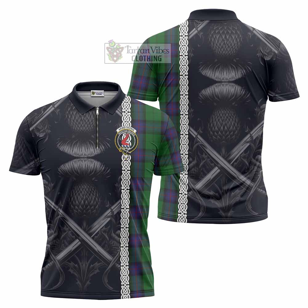 Tartan Vibes Clothing Armstrong Tartan Zipper Polo Shirt with Family Crest Cross Sword Thistle Celtic Vibes